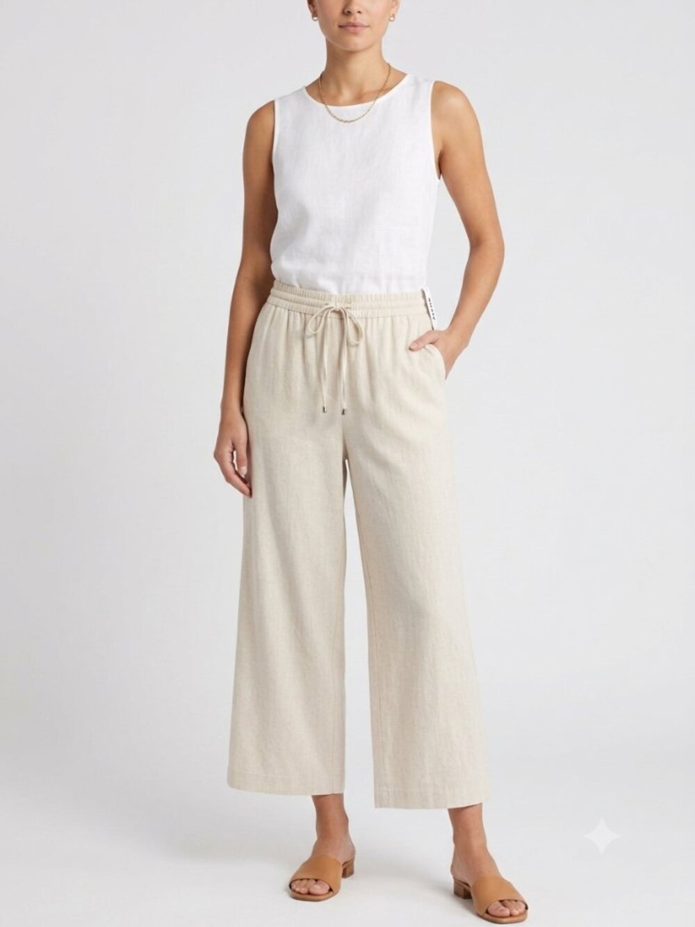 Dkny Linen Blend High Rise Wide Leg Cropped Pants M Cream Beige NWT